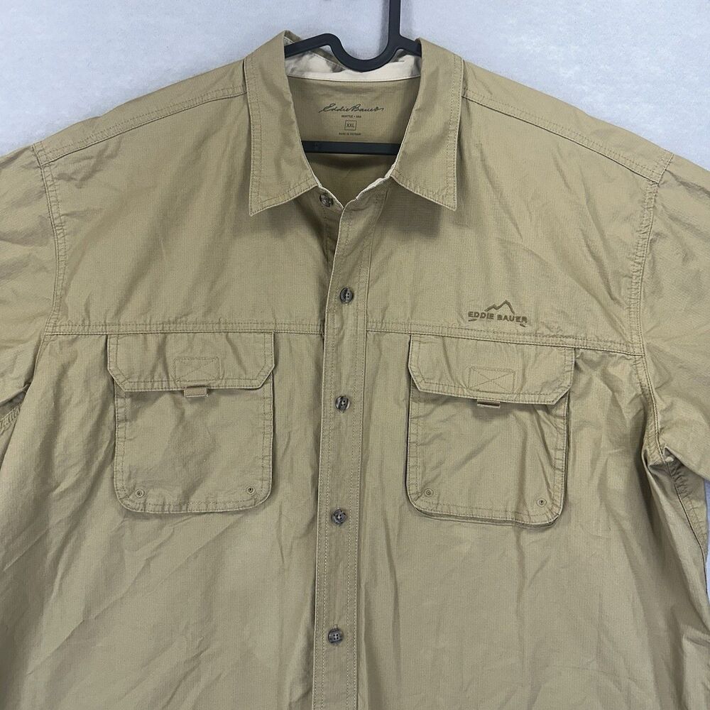 Eddie Bauer Shirt Mens XXL Beige Short Sleeve Chest Pockets Button Up Collared - Picture 6 of 12